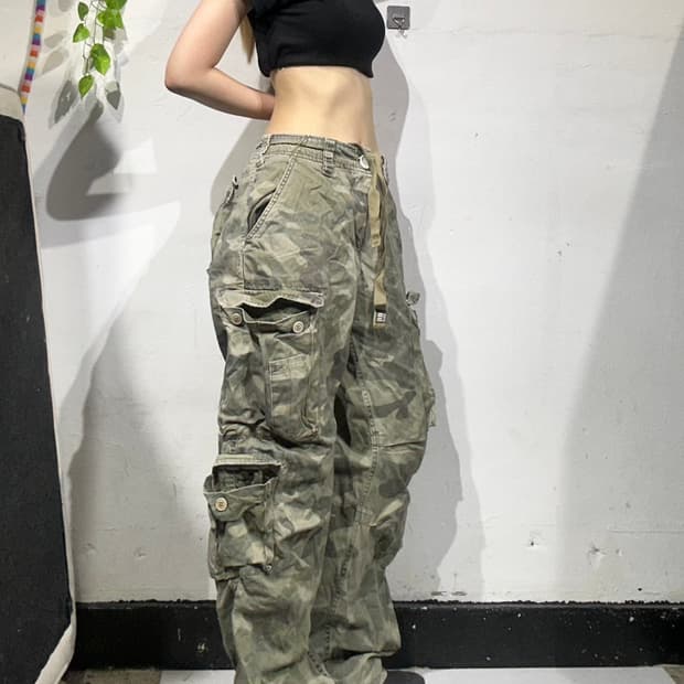 빈티지 카키 밀리터리 카모 멀티 포켓 유틸리티 와이드 카고 팬츠 