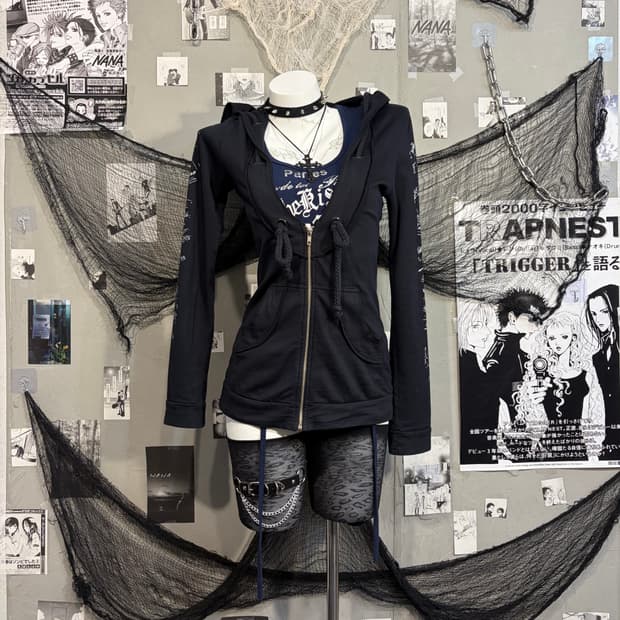 00‘s rope detail Printing hoodie zip up