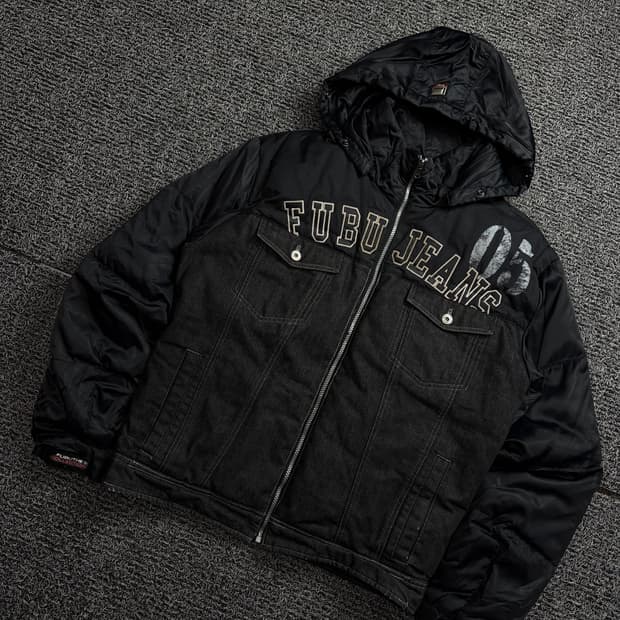 00s 후부 y2k 올드스쿨 데님 믹스업 후드 다운 자켓 1842