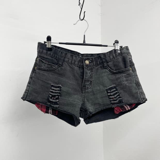 흑청 펑크 체크 포켓 숏츠