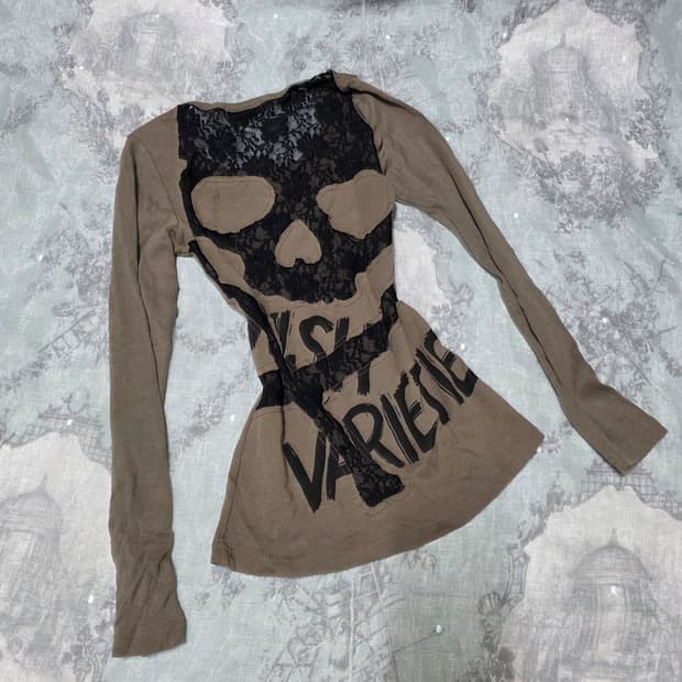 M.K.R 해골 시스루 백 레이스 딱붙 긴팔 펑크 그런지  y2k goa