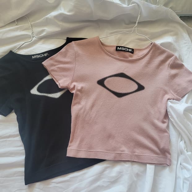 (2장 일괄) 미스치프 롬버스 블러 미니 크롭 티셔츠 크롭티 반팔 s