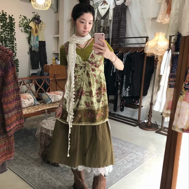 빈티지 올리브 그린 데일리 히피 하구미 코디 세트