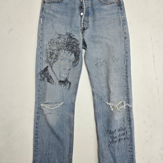 리바이스 데미지 빈티지 프린팅 커스텀 데님 팬츠 501