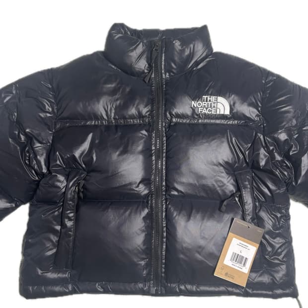노스페이스 여성 숏패딩 유광 블랙 L 새상품 