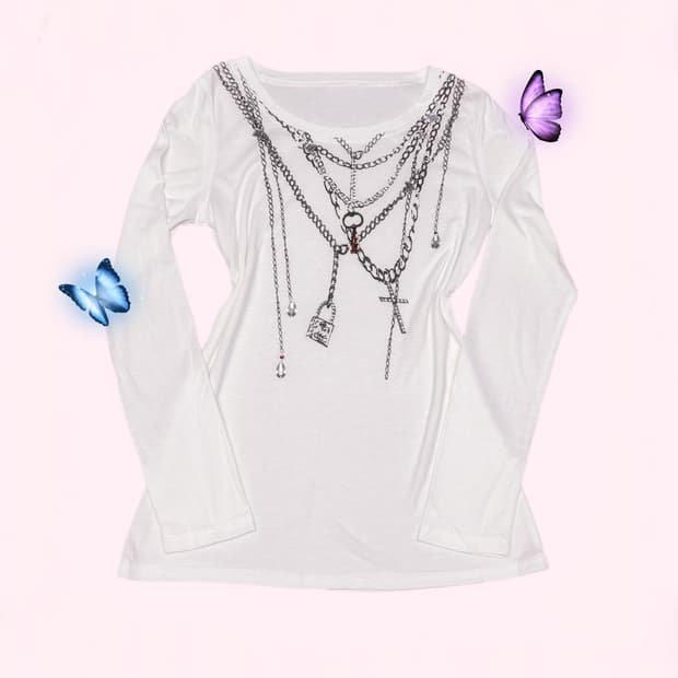 펑키 갸루 큐빅 레이어드 디테일 체인 디자인 화이트 롱 슬리브 티 
