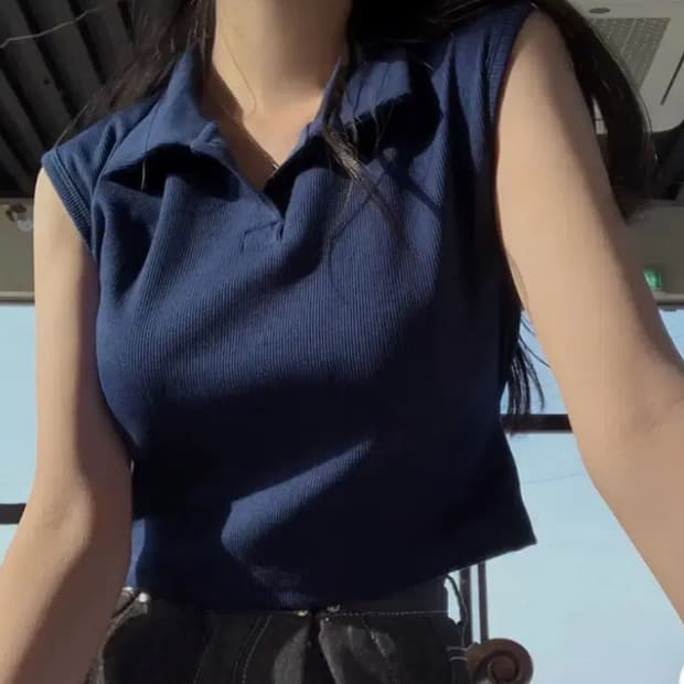 카라 리본 나시 민소매티 네이비