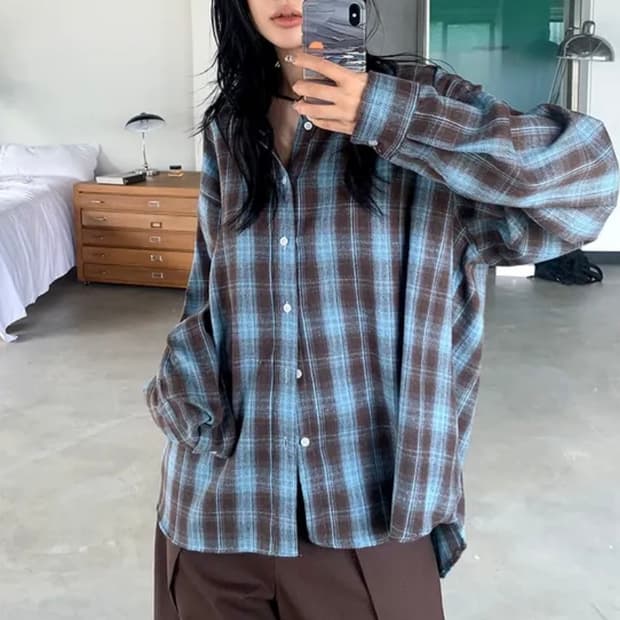 민초 오버핏 체크셔츠 체크남방