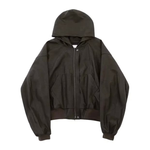 알렌느 크롭드 포우 레더 집업 후드 브라운 2사이즈