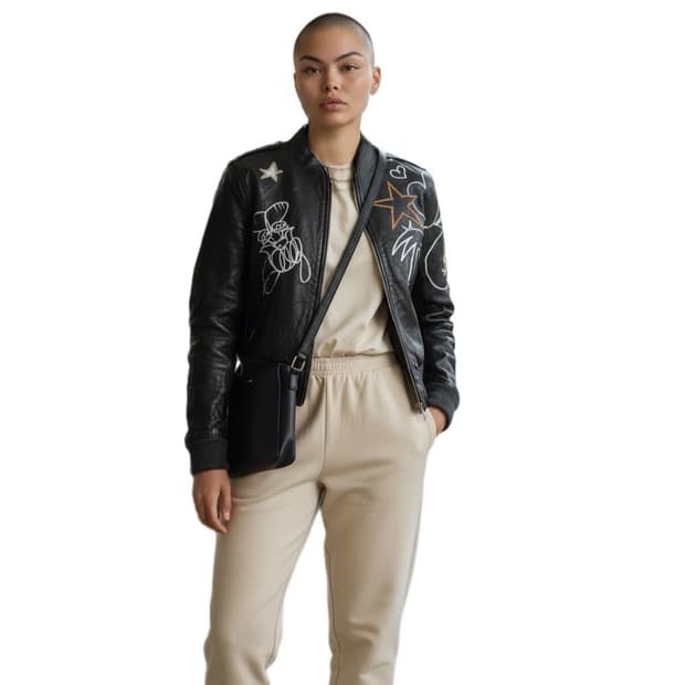 Skoloct  페인티드 여성 크롭 양가죽 바이커자캣