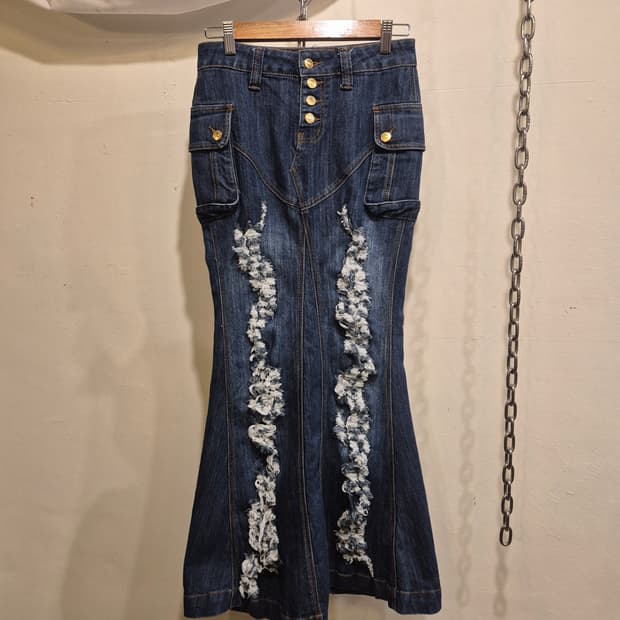 골드 버튼 디스트로이드 머메이드핏 데님 스커트 y2k 갸루