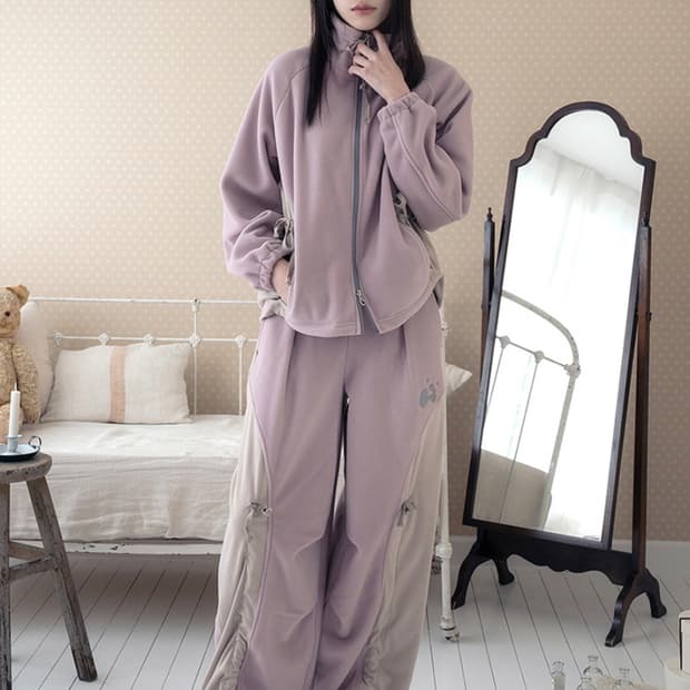 허그유어스킨 드로우 스트링 플리스 집업 팬츠 핑크 셋업