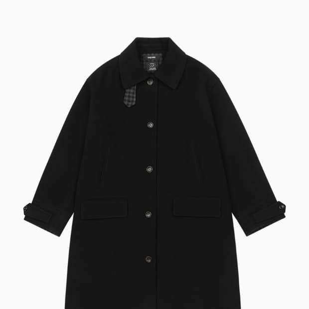 CHECK WOOL LONG COAT, BLACK