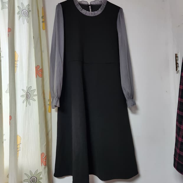 블랙 쉬폰 소매 A라인 롱 원피스XXL