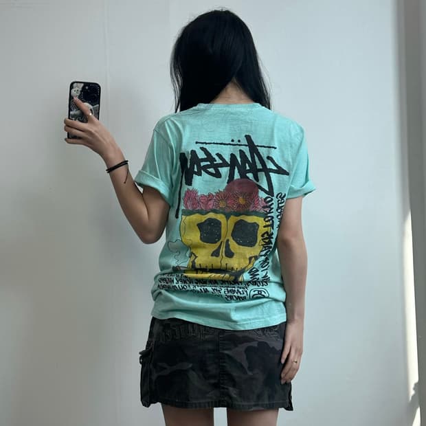 스투시 00s 스컬 민트 반팔 티셔츠