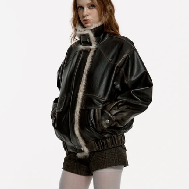 러프넥 워싱 레더 무스탕 자켓 s사이즈