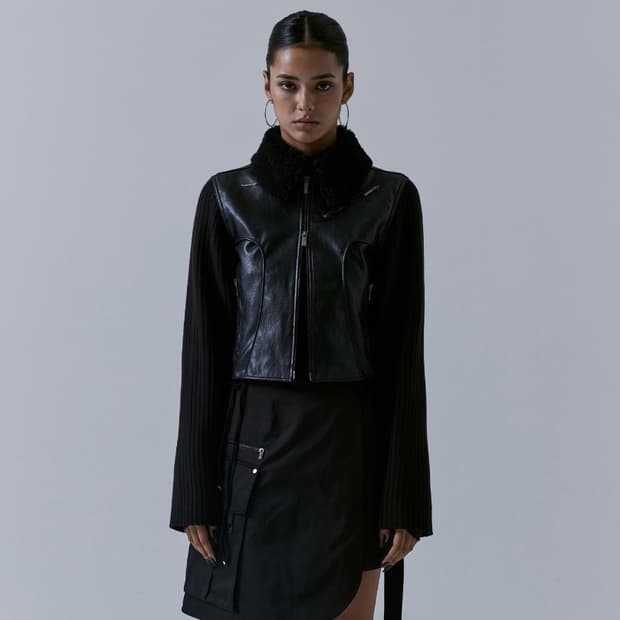 트리밍버드 투웨이 니트 슬리브 크랙 레더자켓 블랙