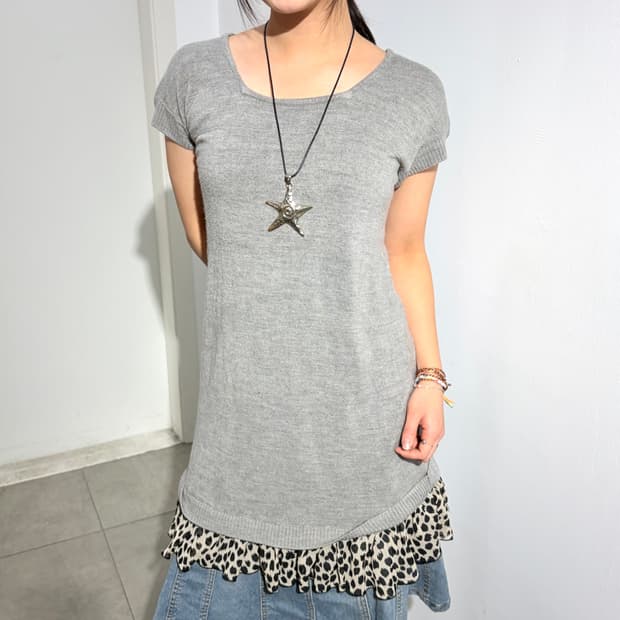 레오파드 호피 프릴 반팔 레이어드 갸루 원피스