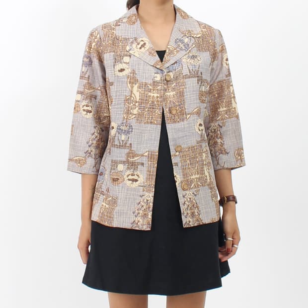 일본 빈티지 퍼플 플라워 체크 패턴 7부 소매 블라우스