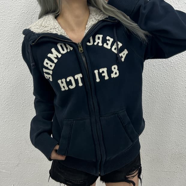  아베크롬비 센터로고 양털 네이비 후드집업 L