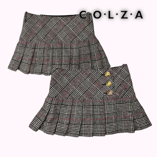 button wool pleats check skirt
