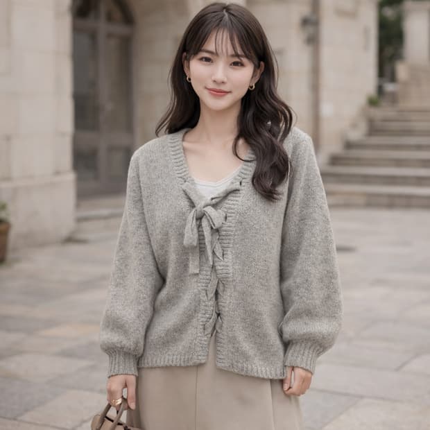 밀라 오웬 레이스업 브이넥 니트 가디건