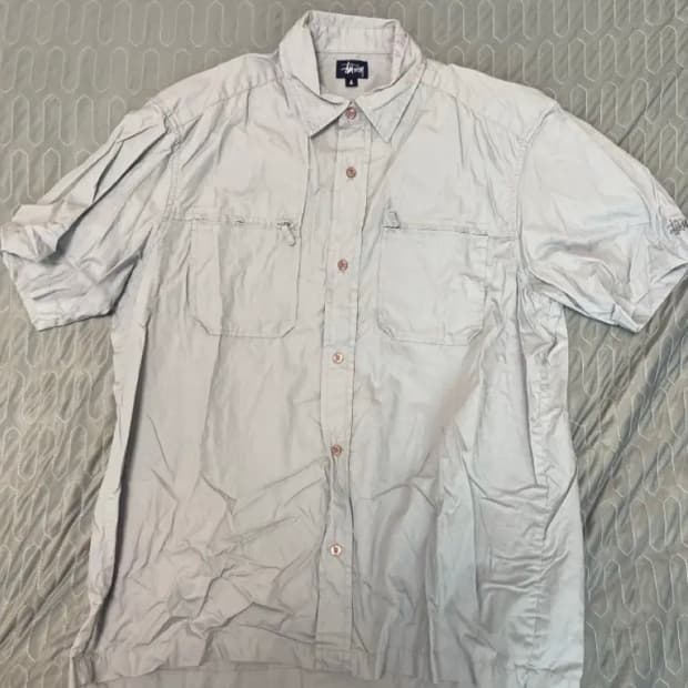 [L] 90s Made in USA 스투시 투포켓 하프 셔츠 그레이쉬블루