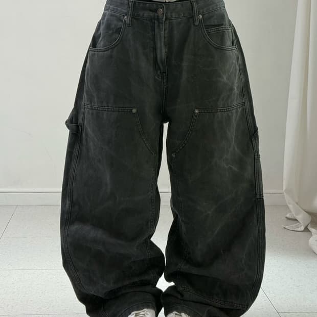 빈티지 흑청 더블니 팬츠