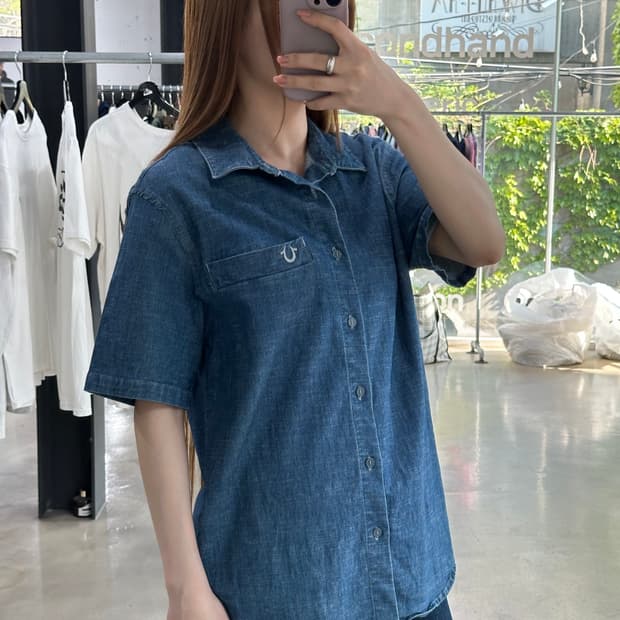 트루릴리전 자수로고 데님 반팔셔츠