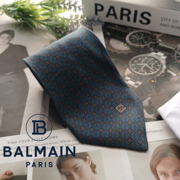 피에르 발망 실크 블루 자카드 넥타이 9.2cm B등급 A18660