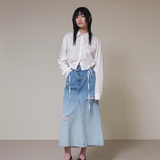 레이브 그라데이션 빈티지 워싱 디스트로이트 찢청 머메이드 데님스커트 S