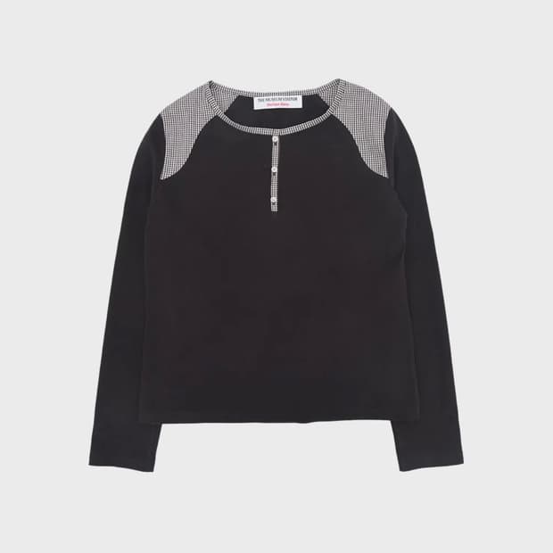 CHECK MIXED HENLEY NECK T-SHIRT (BROWN)