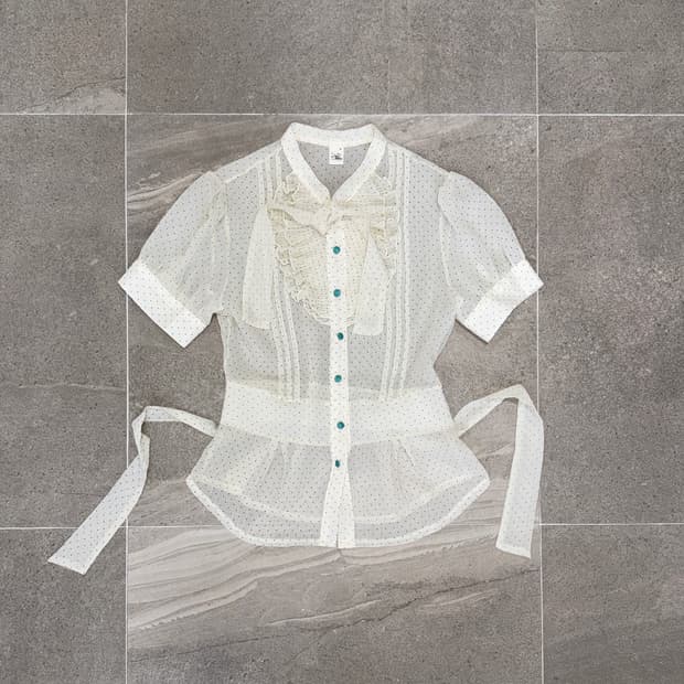 Mint dot chiffon ruffle ribbon blouse 