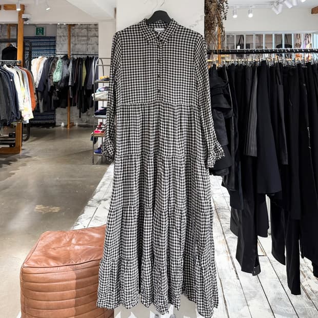 가니 깅엄 체크 프린티드 크레페 레이어 맥시 스커트