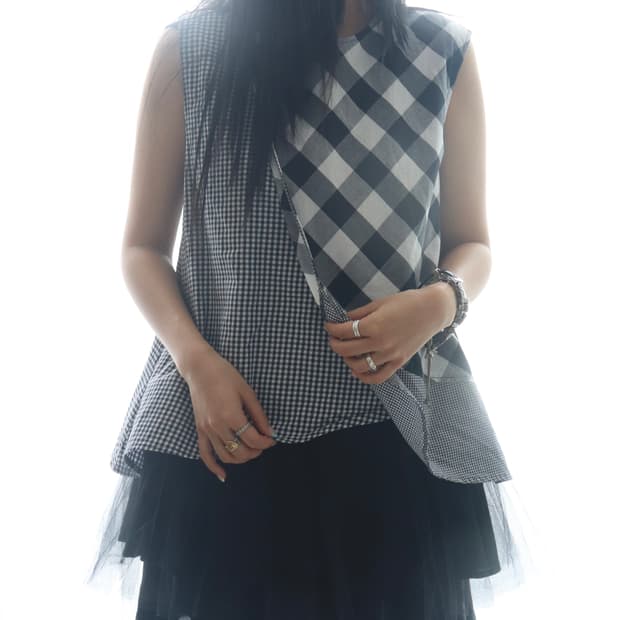 [Beams Boy] Tori-To Check Tulle Blouse