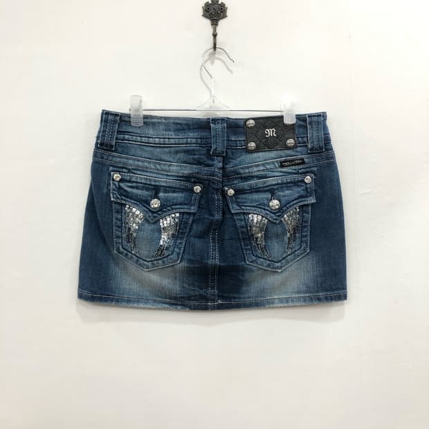 wing sequin washed denim mini skirt