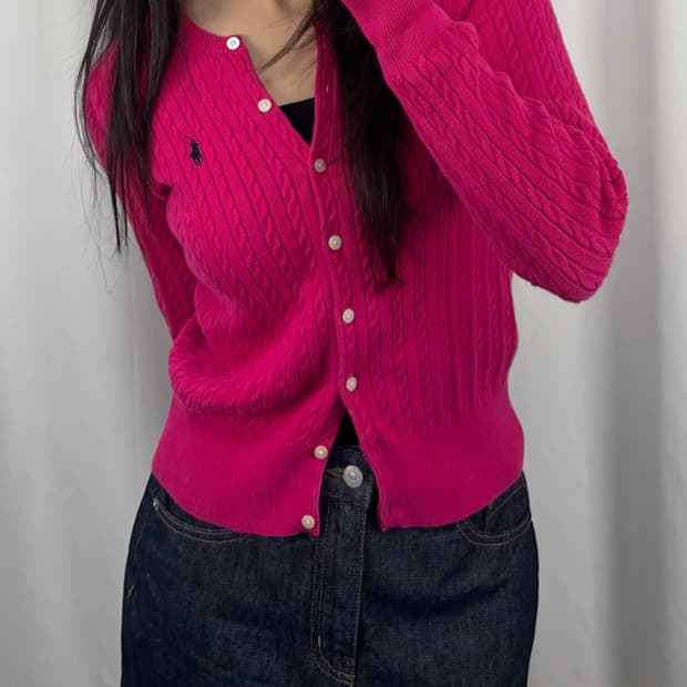 폴로 핑크 꽈배기 니트 가디건