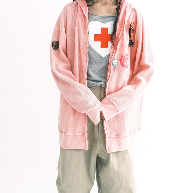 color washing waffle zip-up (neon pink)