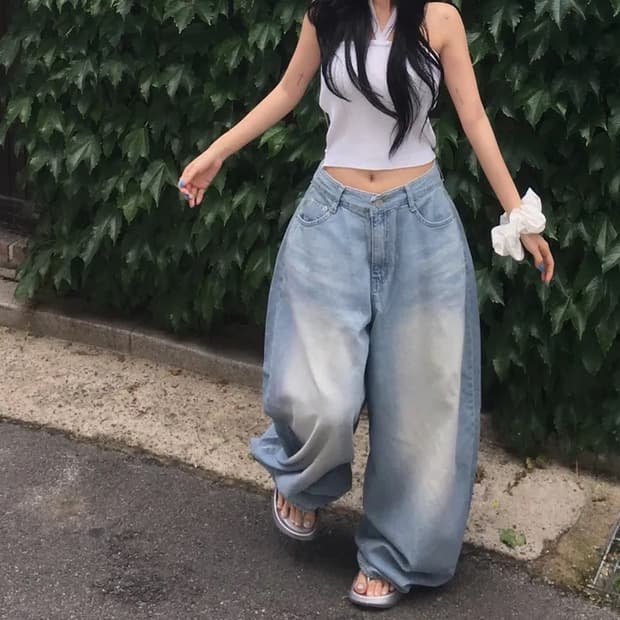 썸머 메가 롱 와이드 벌룬 데님 팬츠