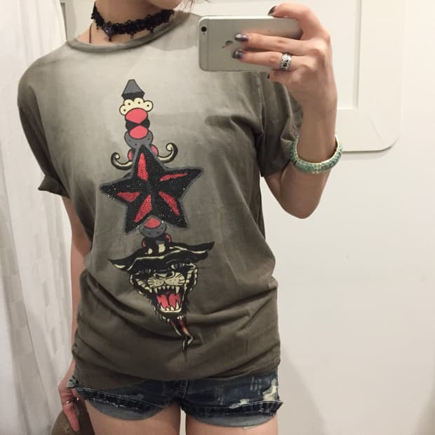 Ed Hardy 에드하디 고스펑크 큐빅 워싱 카키 반팔티