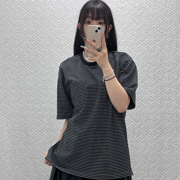 인더로우 캐주얼 빈티지 스트라이프 포켓 반팔티 3 C13027