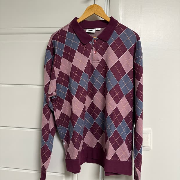 오베이 아가일 자카드 롱슬리브 폴로 티셔츠 퍼플