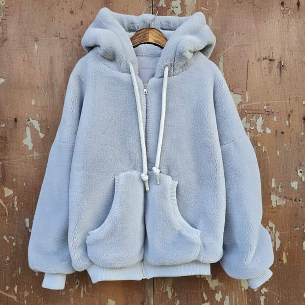 여성 퍼 후드집업 하늘색 오버핏 Free