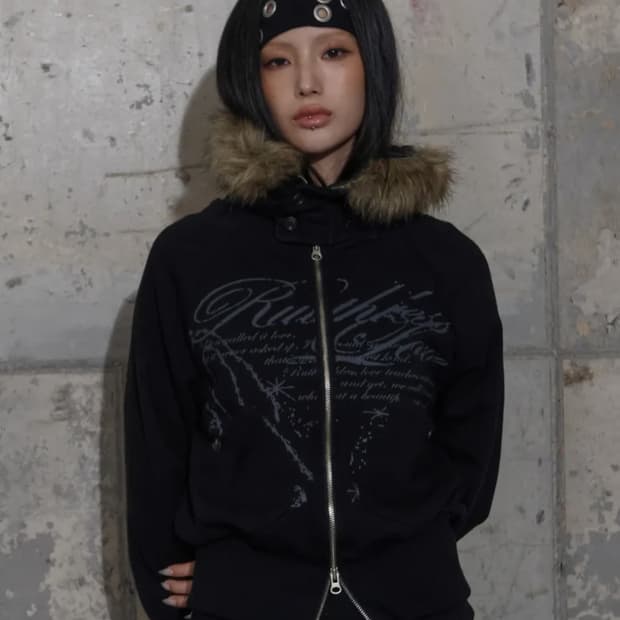 팬시클럽 루스리스 퍼 후드집업 블랙