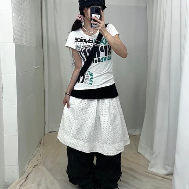 일본 빈티지 펑크 코디 세트 레이어드 나시 슬리브 펀칭 스커트