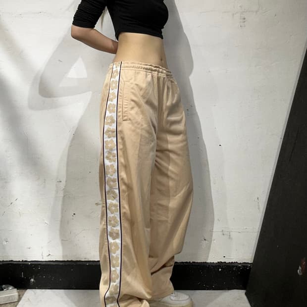 일본 빈티지 베이지 사이드 라인 와이드 팬츠 L