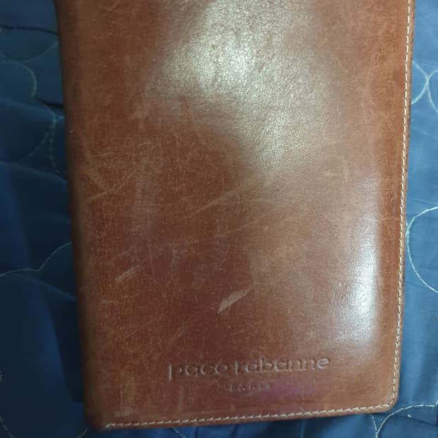 (빈티지) 파코라반 파리 소가죽 에이징 카드 장지갑 브라운