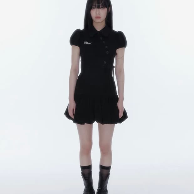 Kashiko 카시코 Puff Preppy Mini Dress Black