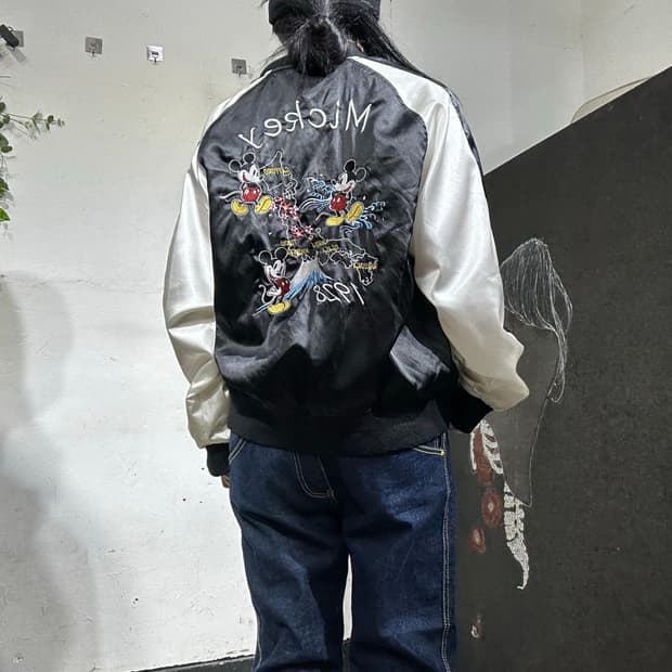 일본빈티지 디즈니 블랙 미키마우스 자수 스카잔 L 