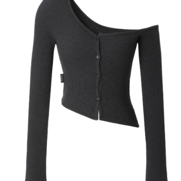 (1회 시착) 쓰리타임즈 원숄더 버튼 가디건 (차콜)